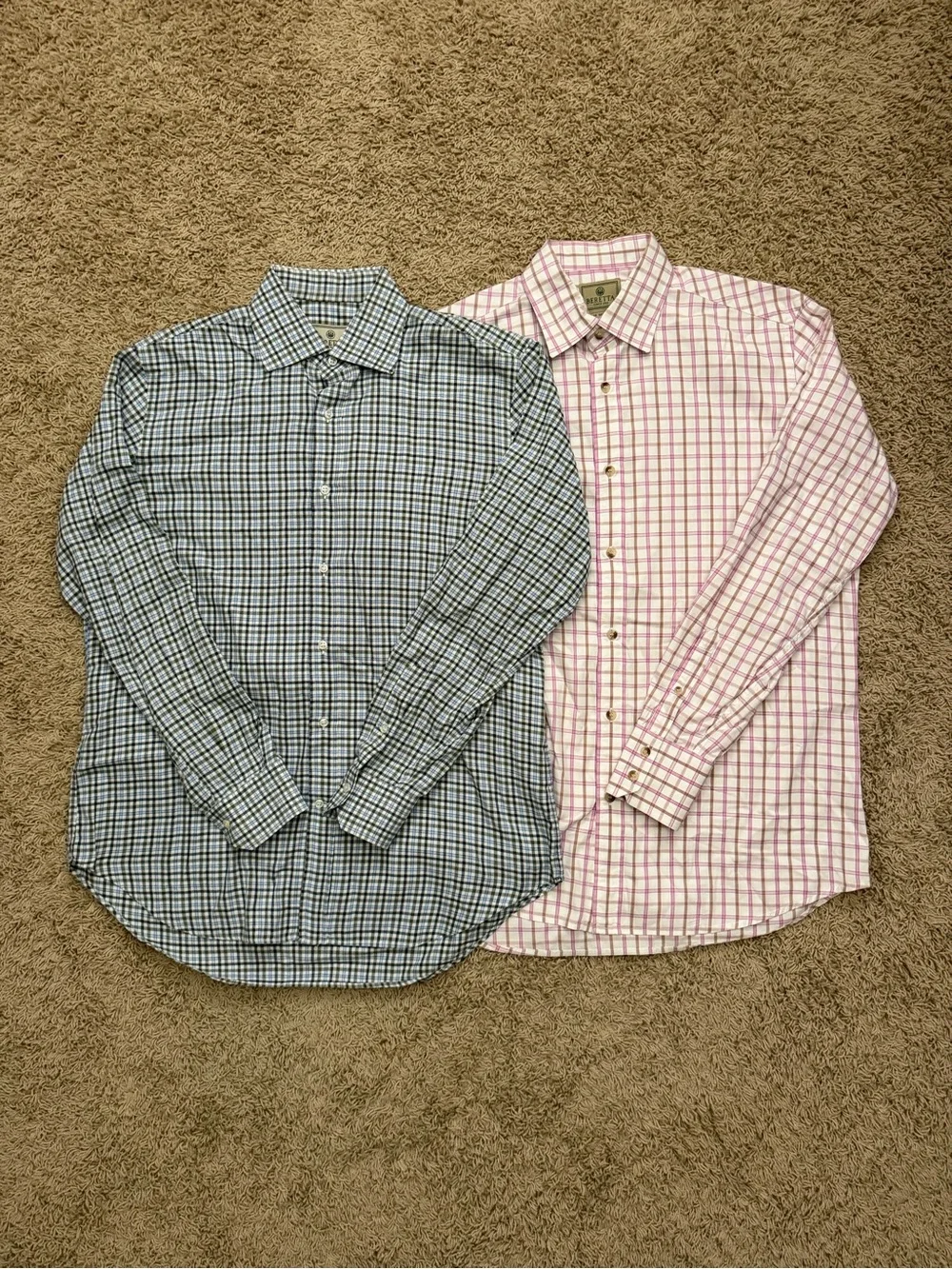 Lot Of 2 Beretta Plaid Button Up Long Sleeve Shirt Size Medium/41 Blue Pink